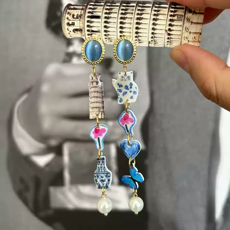 Pisa Tower & Porcelain Cat Earrings
