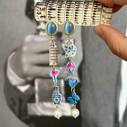 Pisa Tower & Porcelain Cat Earrings
