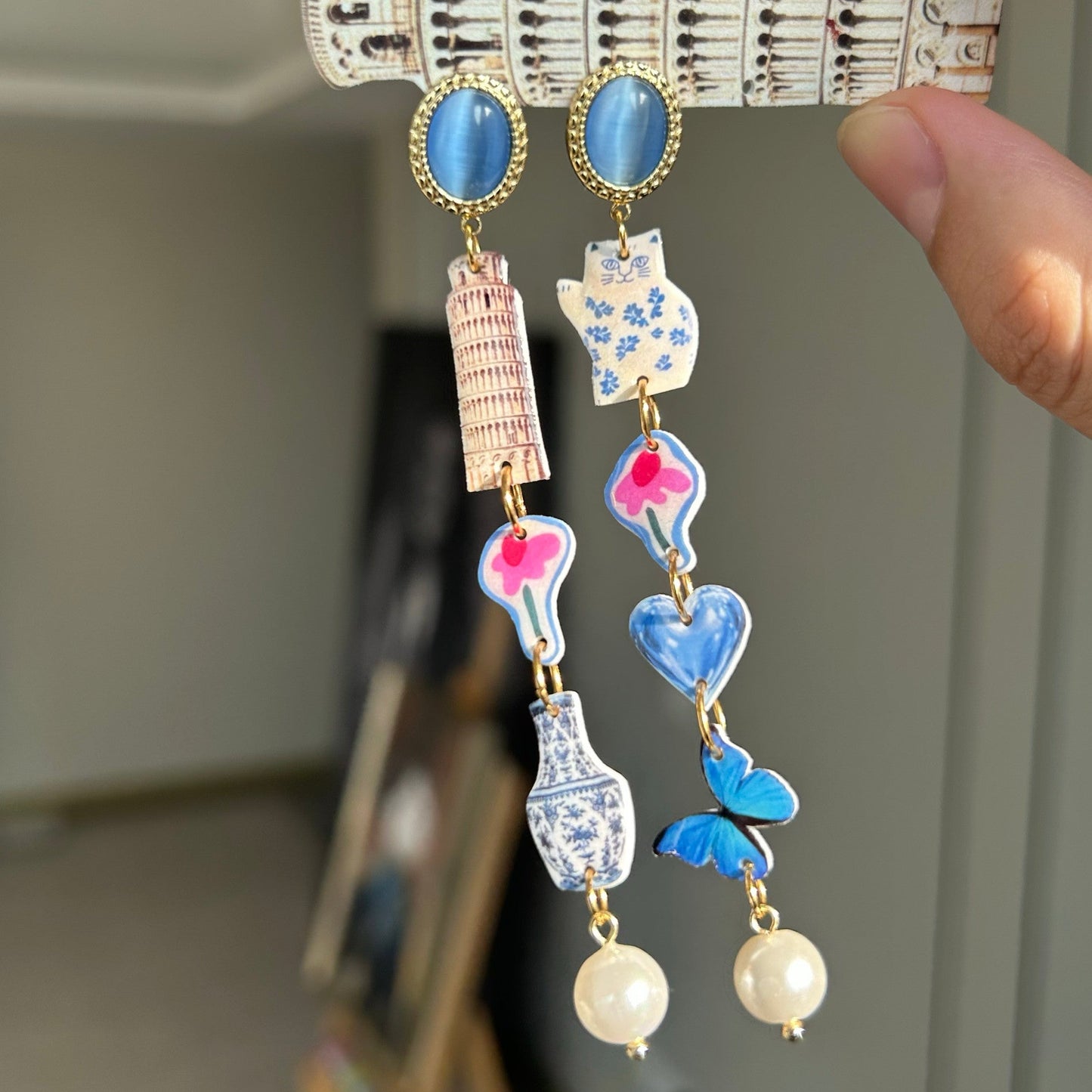 Pisa Tower & Porcelain Cat Earrings