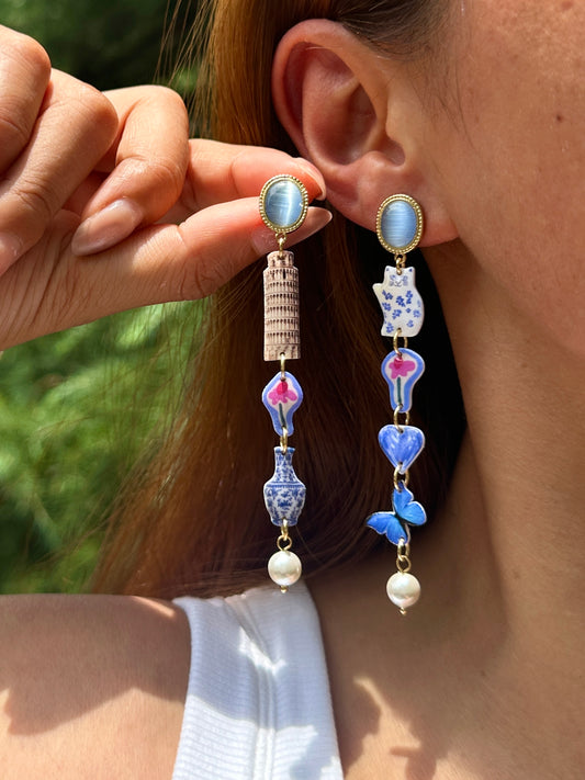Pisa Tower & Porcelain Cat Earrings
